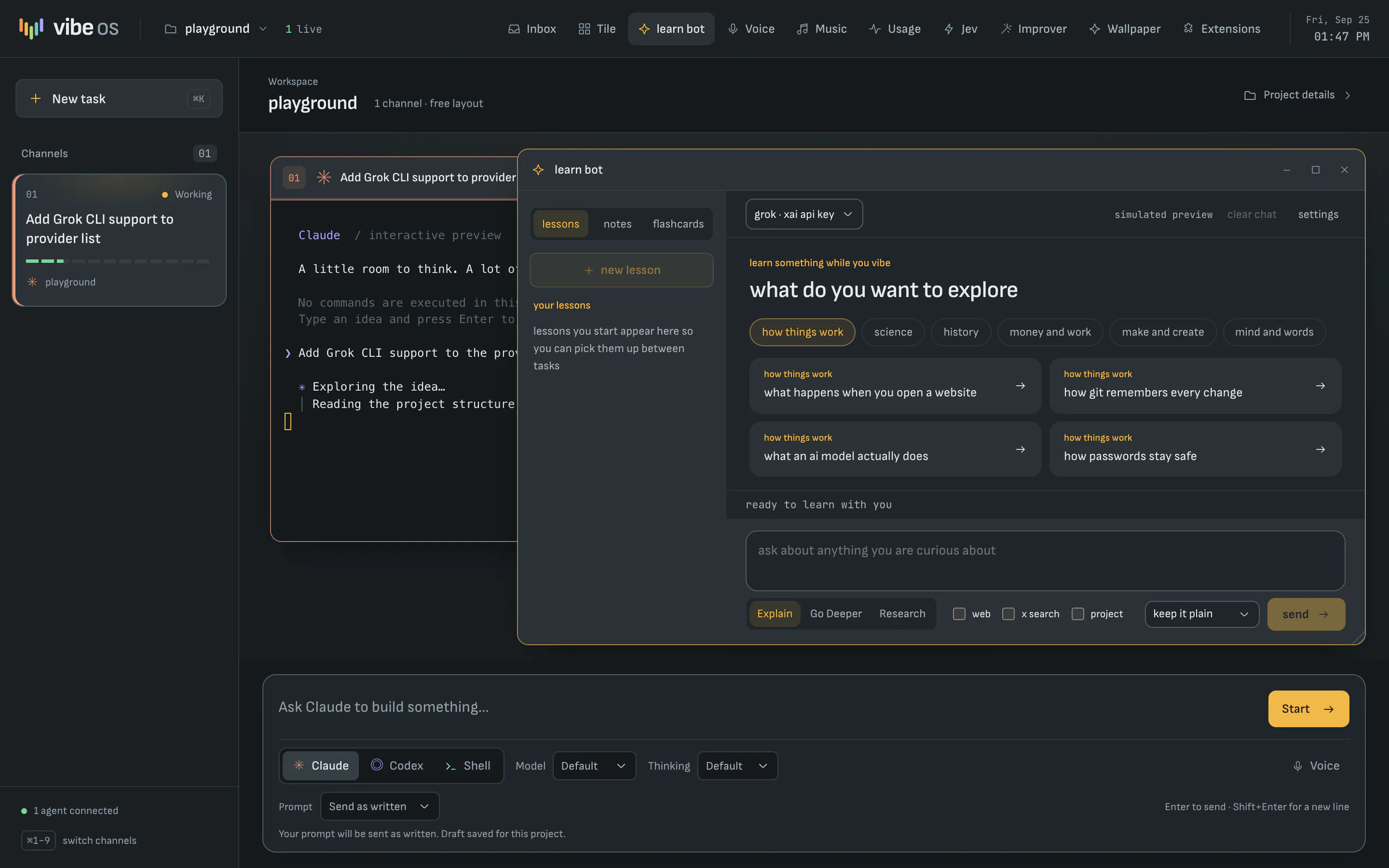 The learn bot window open on the desk beside an agent, asking what you want to explore, with topic chips and starter lessons.