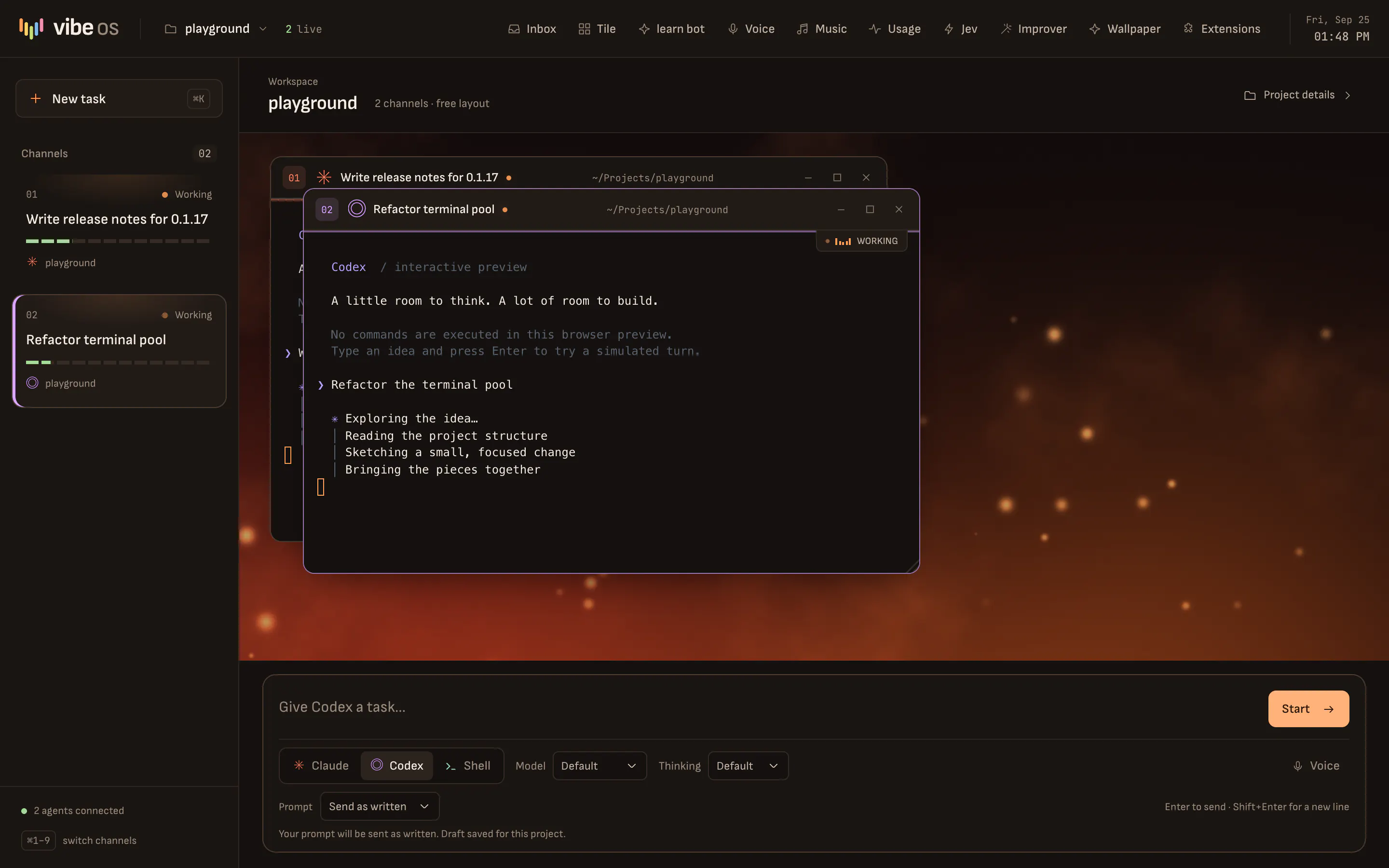 The Ember theme with the Embers wallpaper: warm charcoal panels and orange accents over glowing sparks.